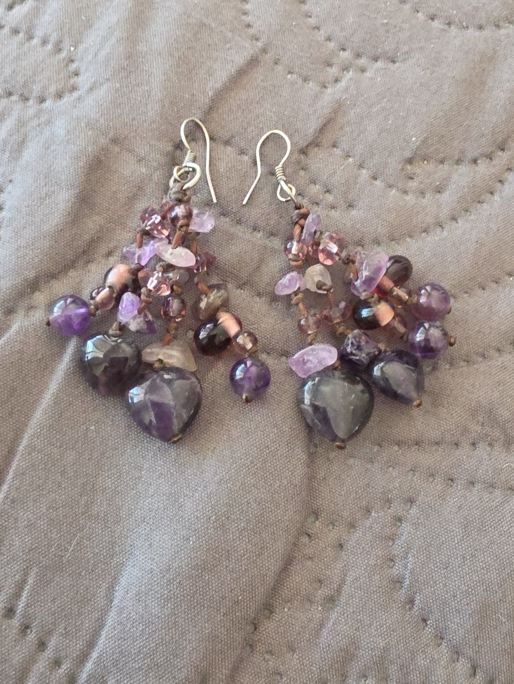 Handmade Amethyst Gem Cluster Drop Earrings - Sterling Silver Posts